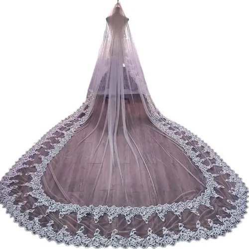 Accesorio de boda hilo suave velo de catedral vintage accesorios de boda 131ft de largo borde de encaje brillante con peine para novia color marfil
