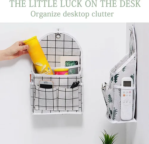 Miniatura 5 de FuninCrea Bolsa de almacenamiento para colgar en la pared, organizador de lino a cuadros blanco y negro, para montar en la pared, sin perforaciones