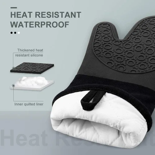 Miniatura 2 de sungwoo Guantes de horno de silicona, resistentes al calor, con forro acolchado, agarre texturizado antideslizante, perfectos para barbacoa, Negro