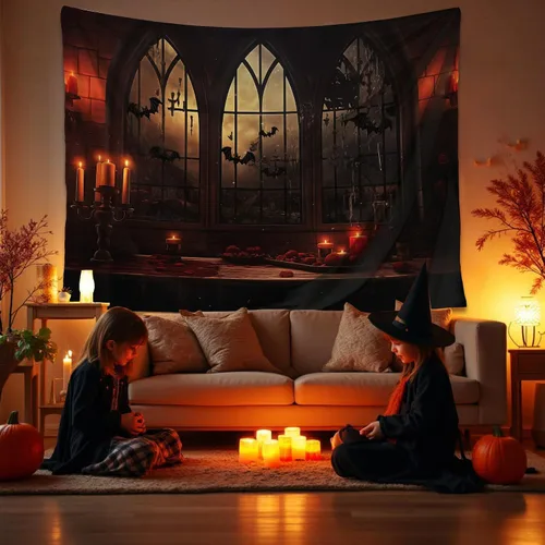 Miniatura 13 de QGHOT Tapiz de Halloween para colgar en la pared, tapiz de castillo de terror con ventana gótica, fondo espeluznante medieval, tapices