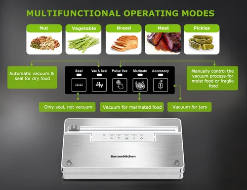 Miniatura 2 de Bonsenkitchen Máquina selladora al vacío, sellador de alimentos de acero inoxidable con 1 rollo y 5 bolsas, 5 modos de vacío de alimentos, cortador