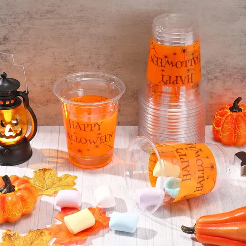 Miniatura 7 de CHENGU Vasos desechables de plástico para Halloween a granel – Vasos de tela de araña de Halloween de 12 onzas, naranja transparente con araña