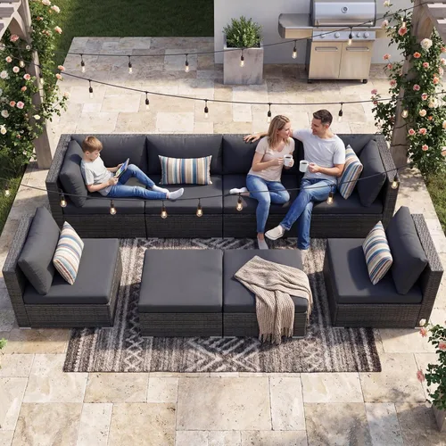 Miniatura 65 de NICESOUL Juego de muebles de patio para exteriores de 7 piezas con mesa para hoguera, gas natural y propano convertible, respaldo alto de 29.3