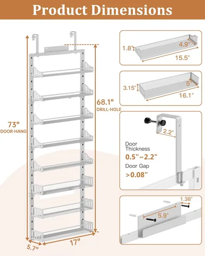 Miniatura 7 de POKIPO Organizador de Despensa Sobre la Puerta de 8 Niveles, Estante Grande de Metal para Especias de Puerta con Canasta Ajustable, 2 en 1 Montaje