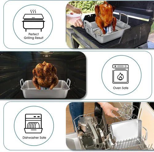 Miniatura 5 de TeamFar Soporte para latas de cerveza, bandeja de goteo de acero inoxidable con soporte vertical para parrilla y horno, ahumador, saludable