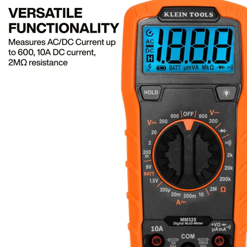 Miniatura 4 de Klein Tools 80196 Kit de multímetro digital con estuche, probador de voltaje CA/CC de rango manual de 600V, prueba baterías, corriente, resistencia