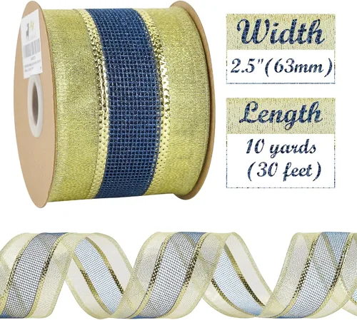 Miniatura 2 de HUIHUANG Cinta con Alambre Azul Marino y Dorado de 2.5 Pulgadas, Dorado Metálico con Cinta de Malla de Purpurina Dorada para Decoraciones de Árboles