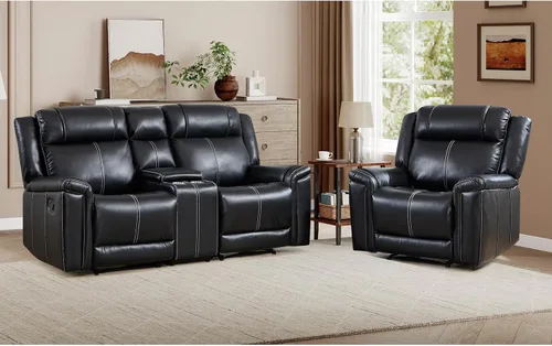 Miniatura 18 de EBELLO Sofá reclinable de cuero sintético de 3 plazas, sofá reclinable manual, silla de 3 asientos de estilo moderno de mediados de siglo con Marrón