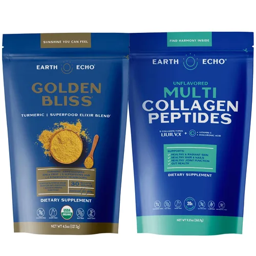 Earth Echo Paquete revitalizante y Nightcap – Colágeno hidrolizado con vitamina C y ácido hialurónico para piel radiante – Leche dorada orgánica en