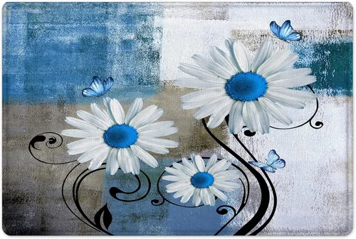 HVEST Alfombra de baño con estampado de margaritas y margaritas, alfombra de baño rústica azul con estampado floral y mariposa para decoración de