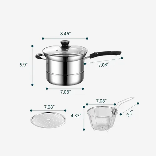 Miniatura 6 de Olla de acero inoxidable de 8.6 pulgadas con cesta y tapa, estante de vapor para cocinar versátil, uso en interiores y exteriores, cocina