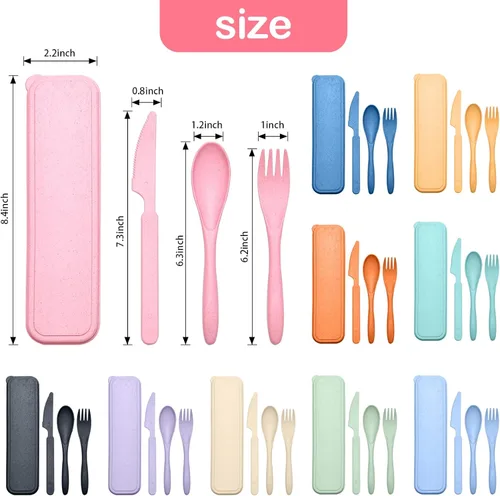Miniatura 7 de Juego de Utensilios de Viaje Reutilizables con Estuche, 10 Juegos de Tenedor, Cucharas y Cuchillo Portátiles de Plástico de Paja de Trigo para 10