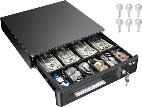 Miniatura 8 de Tera Cajón de caja registradora de 13" con apertura automática, resistente, con bandeja extraíble totalmente insertable, 5 teclas, 4 para billetes