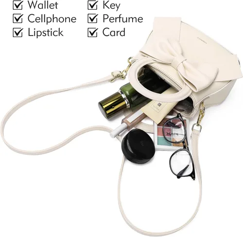 Miniatura 4 de Bolsos pequeños para mujeres tipo bandolera, bolso cruzado de cuero vegano y carteras con asa superior de transporte y lindo nudo de lazo