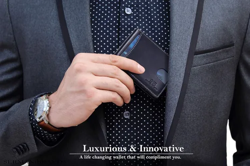 Miniatura 27 de SERMAN BRANDS - Billetera sencilla de cuero genuino con bloqueo RFID para hombre, billetera delgada con bolsillo frontal y clip para dinero