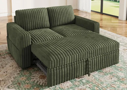 Miniatura 21 de HONBAY - Sofá seccional modular con cama desplegable, sofá en forma de L de pana con almacenamiento, sofás seccionales para sala de estar, verde