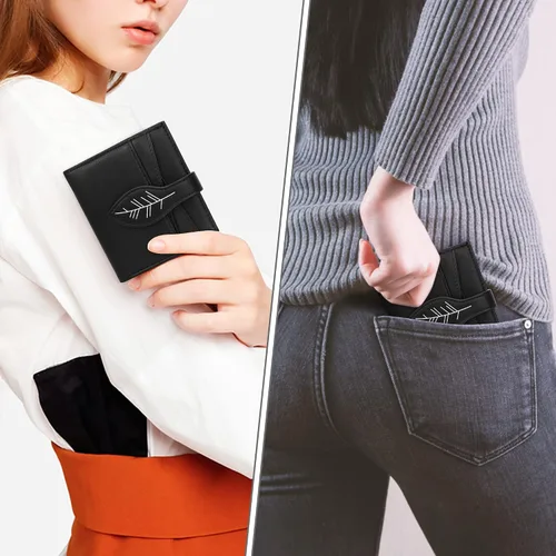 Miniatura 7 de CONISY Cartera pequeña para mujer, con bloqueo RFID, de piel, delgada, plegable, bolsillo frontal, cartera para mujer con cremallera, Negro