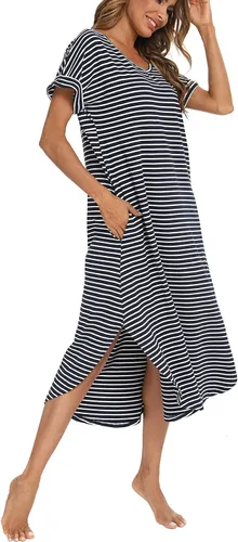 Miniatura 2 de AVIIER Camisón largo de algodón con cuello en V para mujer, ropa de dormir de manga corta