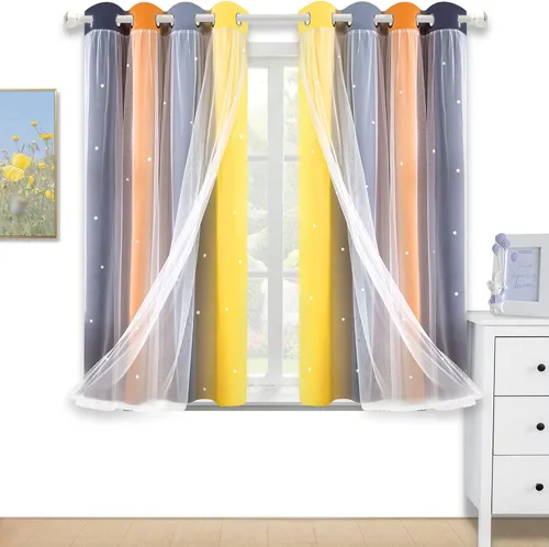 Miniatura 12 de Cortinas opacas con recorte de estrellas y arcoíris para guardería/habitación de niños/niñas, con superposición de tul, 2 paneles, cada una de 52