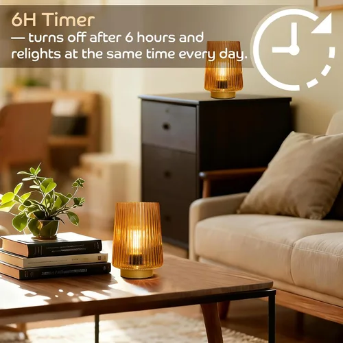Miniatura 3 de Lámpara a pilas con temporizador, juego de 2 pequeñas y acogedoras lámparas de mesa decorativas de vidrio ambiental para mesita de noche y Ámbar