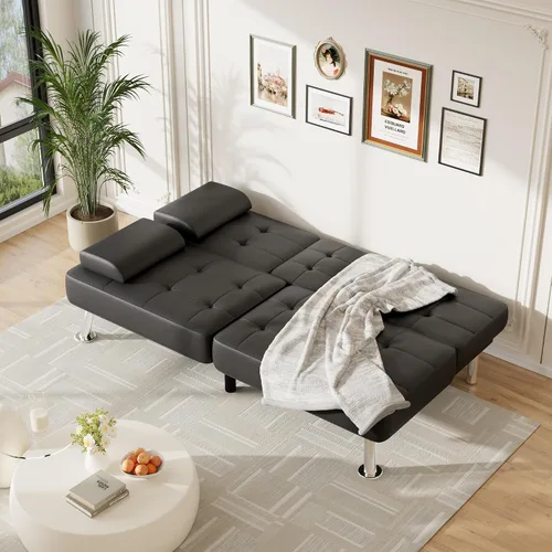 Miniatura 4 de Furmax Sofá Cama Futón Ajustable Sofá Cama Futón Sleeper para Sala de Estar, Oficina de Negocios, Sofás Reclinables con Portavasos (Cuero PU, Negro)