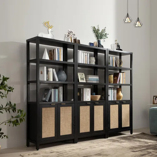 Miniatura 8 de Estantería SICOTAS de 5 niveles, estante de libros de ratán estilo bohemio de 71" de altura con puertas, estantes de almacenamiento, estanterías