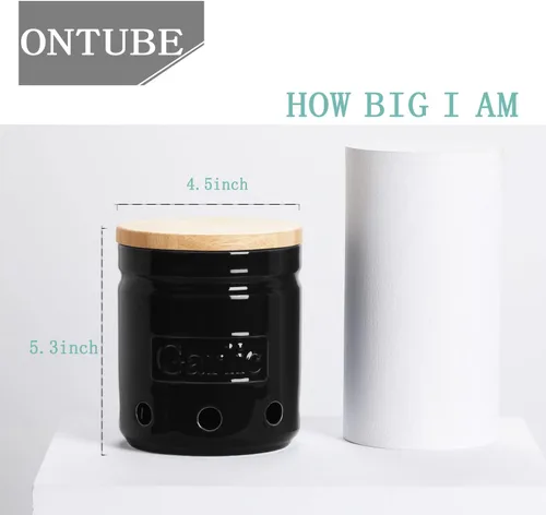 Miniatura 5 de ONTUBE Soporte de ajo con tapa de madera, contenedor de ajo cerámico de 4.5 pulgadas, contenedor de ajo para la cocina, guardador de ajo para Negro