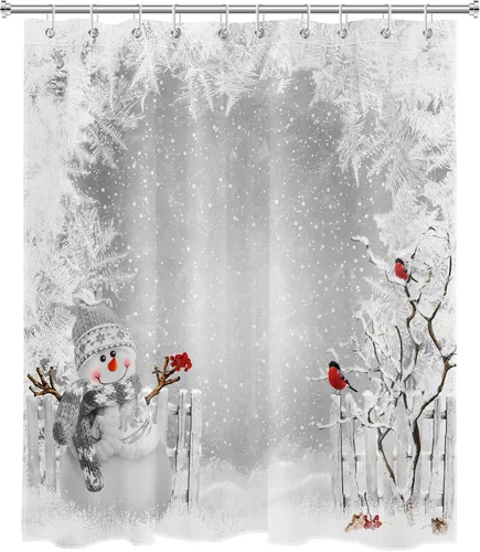 Miniatura 2 de Cortina de ducha de Navidad de invierno, lindo muñeco de nieve y cardenales en campo de nieve, cortina de ducha gris con escena de nieve para baño