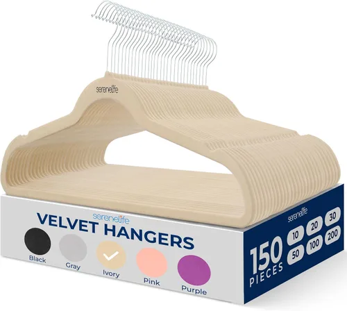 Miniatura 10 de SereneLife Perchas de terciopelo color negro, paquete de 100 perchas delgadas antideslizantes con gancho giratorio cromado de 360°, capacidad Negro