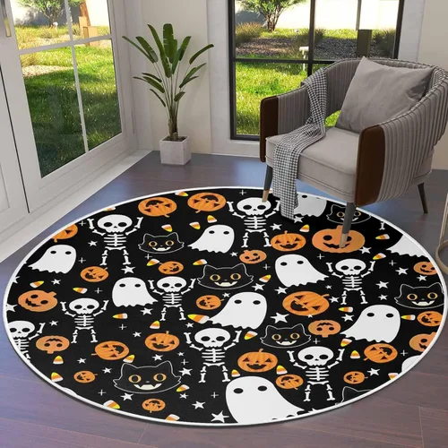 Miniatura 9 de Alfombra redonda de Halloween de 3 pies, lavable para interiores y exteriores, para dormitorio, cocina, sala de estar, área y alfombra, alfombra