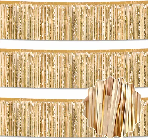 Miniatura 32 de Paquete de 3 guirnaldas de flecos de papel de aluminio negro dorado plateado de 10 pies con serpentinas metálicas de oropel para colgar en la pared