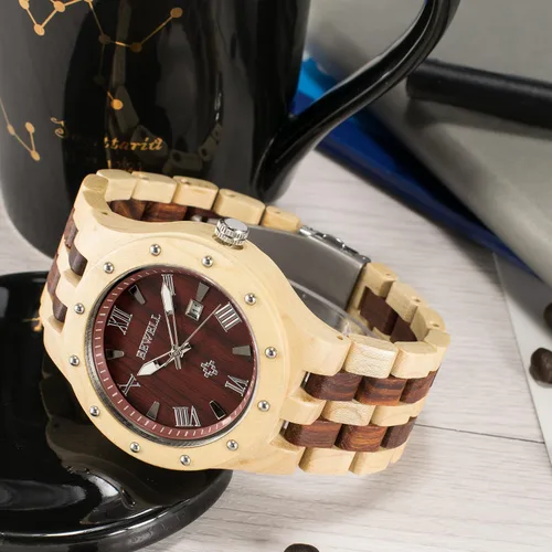 Miniatura 3 de Bewell Relojes de madera para hombre, reloj de pulsera luminoso de cuarzo analógico hecho a mano
