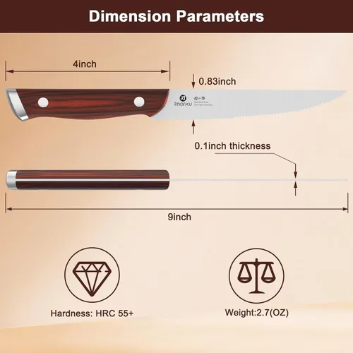 Miniatura 3 de imarku Juego de 6 cuchillos para carne, juego de cuchillos de carne dentados de 9 pulgadas, acero inoxidable japonés de alto carbono, cuchillas