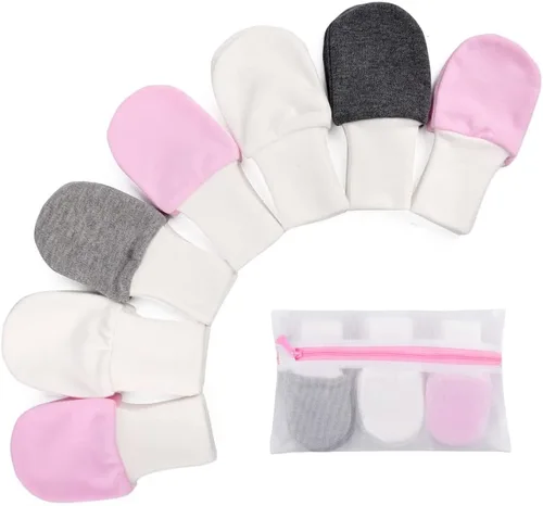 Anti-Scratch Mittens for Babies 0-6 Mos. - 7Pack Multicolored Mitts - Newborn Gloves for Girls with Laundry Bag