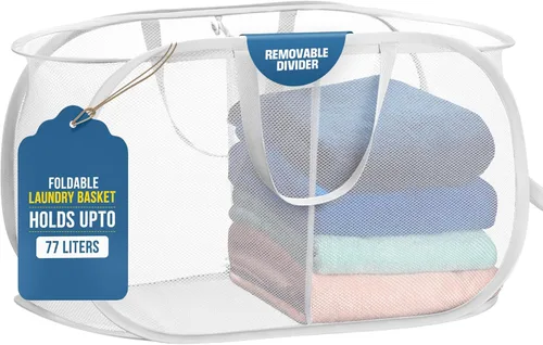 Handy Laundry Cesta plegable de malla con 2 compartimentos, plegable, ahorra espacio, ligera y duradera, con asas para dormitorio, viajes,