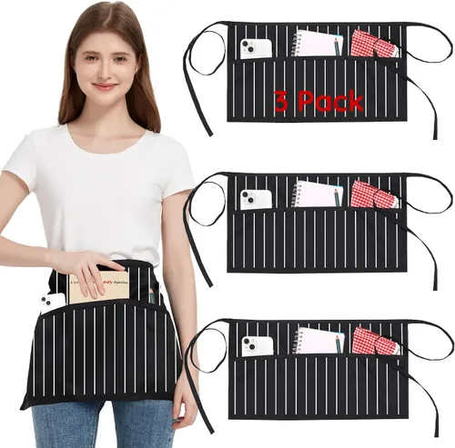 Miniatura 16 de Paquete de 3 delantales de cintura con 3 bolsillos, delantales de camarero unisex negros, delantales resistentes al agua para restaurante, chef y bar