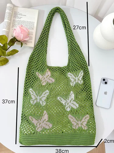 Miniatura 3 de ENBEI Bolsas bohemias, bolsa de punto de hombro, bolsa de mano Y2K estética, bolso de ganchillo lindo para mujeres, regalos hippie Verde con seis