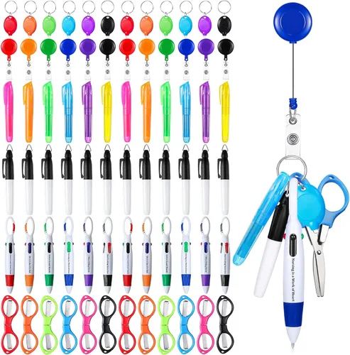 Miniatura 11 de Glenmal Juego de 72 mini rotuladores para enfermeras con mini tijeras, resaltador, bolígrafo de neón retráctil, llavero, clip, linterna, llavero