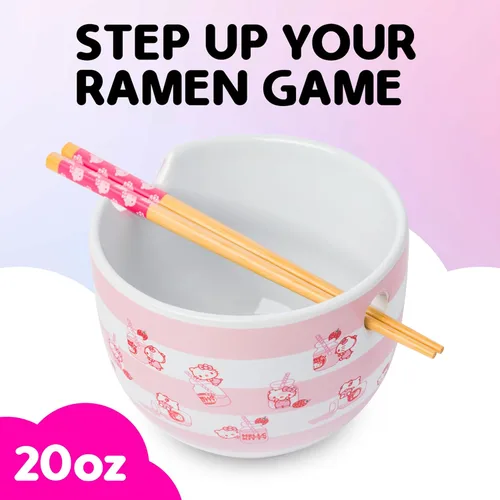 Miniatura 2 de Silver Buffalo Sanrio Hello Kitty Tazón de Cerámica para Fideos Ramen y Arroz con Patrón de Leche de Fresa, con Palillos, Apto para Microondas, 20