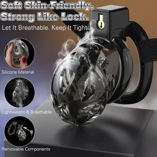 Miniatura 3 de Dispositivo de jaula de castidad masculina, jaula de silicona suave con 6 anillos de tamaño, correas ajustables, bloqueo de pene ligero, control