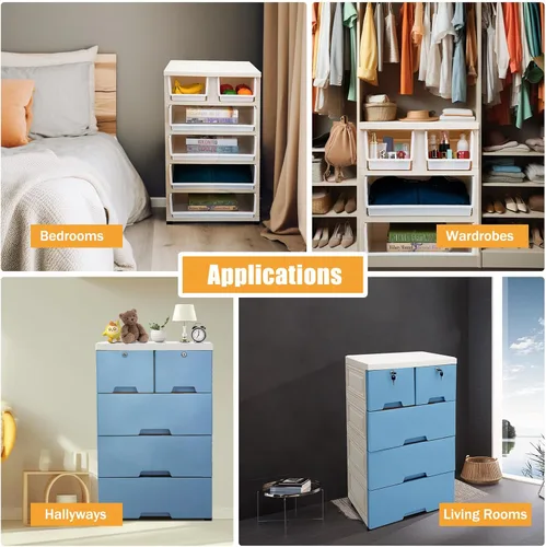 Miniatura 7 de Cómoda de plástico con 6 cajones con llaves, organizador de ropa para dormitorio, armario de almacenamiento de 5 capas con ruedas