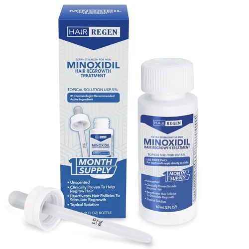 Hair Regen Liquid Minoxidil Men 5% Percent - Solución Tópica Avanzada de Fuerza Extra para Gotas de Suero de Recrecimiento - Tratamiento de