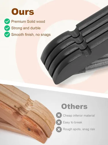 Miniatura 4 de HOUSE DAY - Paquete de 10 perchas de madera negra, percha de madera maciza con barra antideslizante para pantalones, percha de abrigo de madera Negro