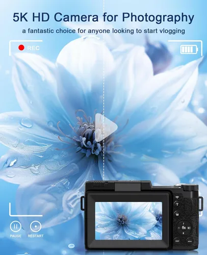 Miniatura 2 de FLATIC Cámara digital con WiFi, cámaras 5K 64MP para fotografía con pantalla giratoria de 180° para YouTube, cámara de videoblogs con enfoque