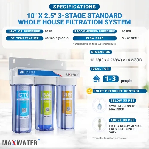 Miniatura 2 de Max Water Sistema de filtración de agua estándar de 3 etapas (bueno para agua de la ciudad) de 10 pulgadas para toda la casa – Sedimento + GAC + CTO