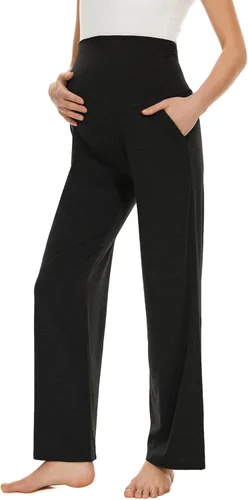 Miniatura 10 de Ecavus Pantalones de maternidad anchos y rectos para mujer, versátiles, cómodos, palazzo, elásticos, con bolsillos