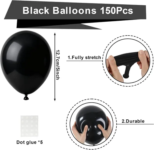 Miniatura 2 de Patimate Paquete de 150 globos negros de látex negro mate de 5 pulgadas para cumpleaños, graduación, jubilación, boda, aniversario, baby shower