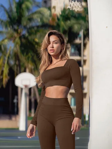 Miniatura 4 de OQQ Conjuntos de entrenamiento para mujer 2 piezas acanalados de manga larga leggings de cintura alta conjunto de yoga activo