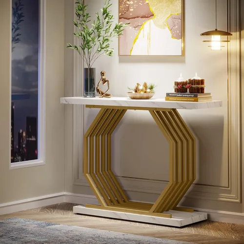 Miniatura 3 de Tribesigns Mesa Consola Dorada, Mesa de Entrada Estrecha de Mármol Sintético con Base de Metal Geométrica, Mesa de Acento Moderna de 40 Pulgadas