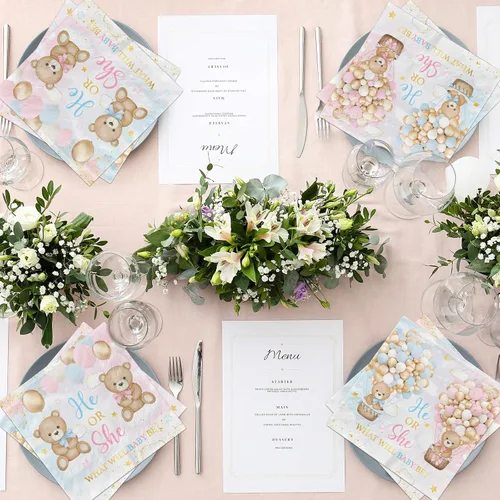 Miniatura 5 de Decoraciones de revelación de género con oso de peluche, servilletas temáticas de oso rosa y azul para baby shower de 40 piezas ¿Será niño o niña?